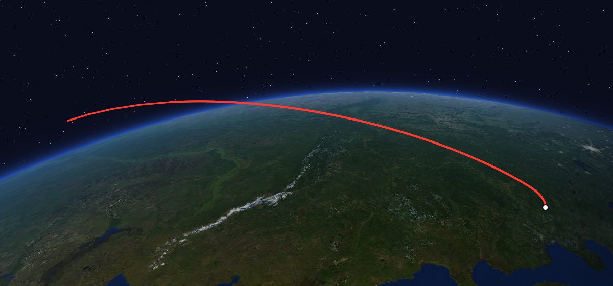 US-K 10: the flight path in 3D, from the pad to orbit, seen from space