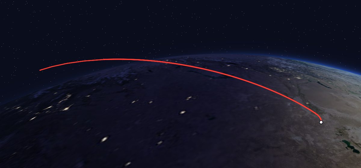 Yantar-2K 23: the flight path in 3D, from the pad to orbit, seen from space