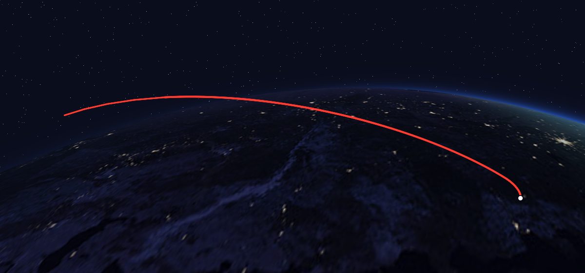 Molniya-1K 26: the flight path in 3D, from the pad to orbit, seen from space