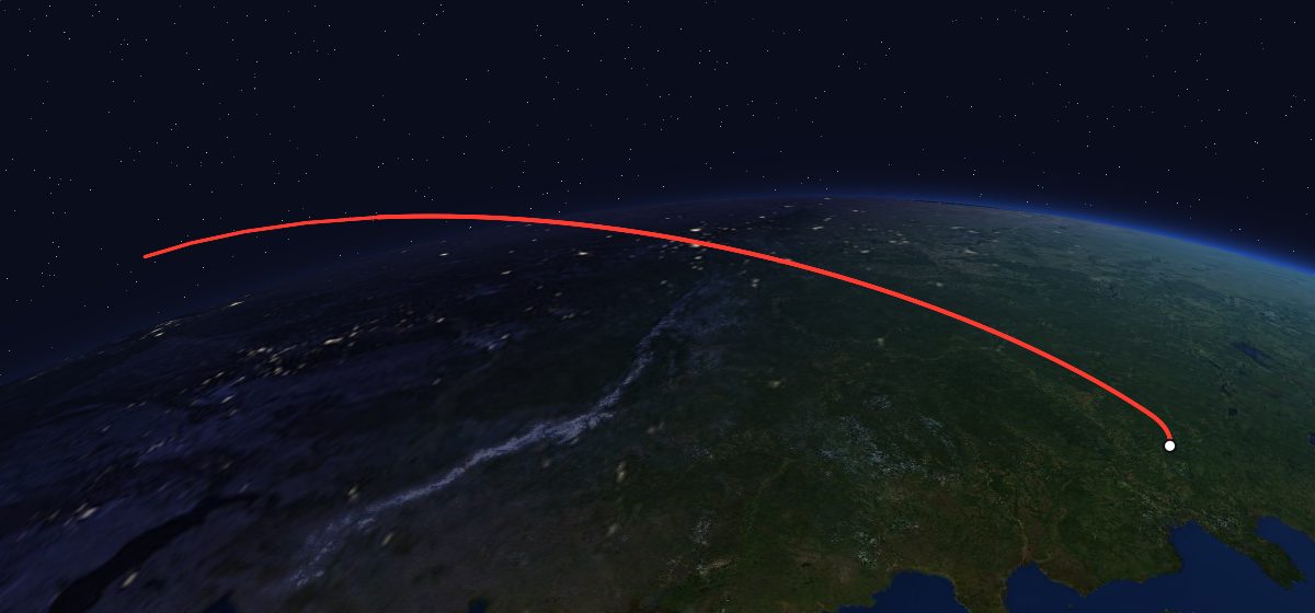 Yantar-2K 13: the flight path in 3D, from the pad to orbit, seen from space