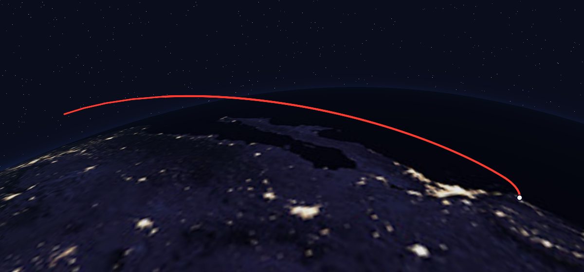 Onyx 2: the flight path in 3D, from the pad to orbit, seen from space