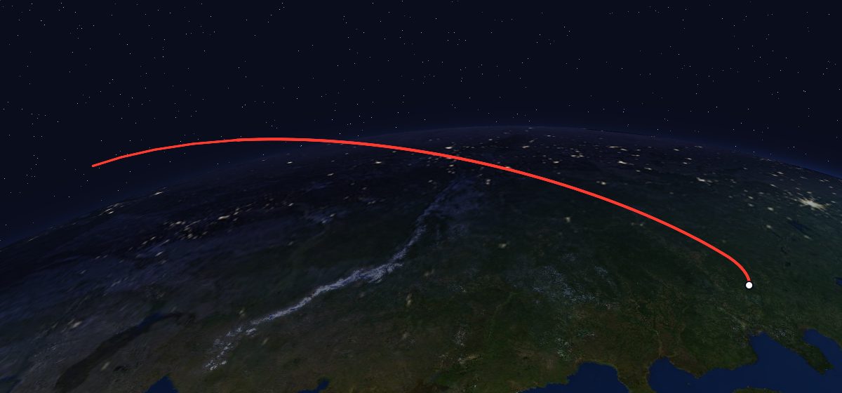 US-K 11: the flight path in 3D, from the pad to orbit, seen from space