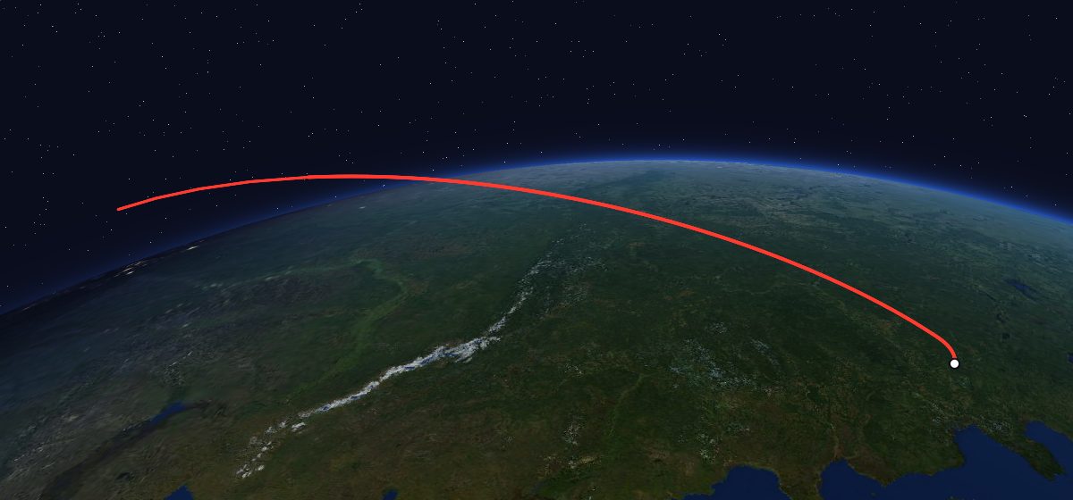 The flight path of Yantar-4K2 14 drawn on a map