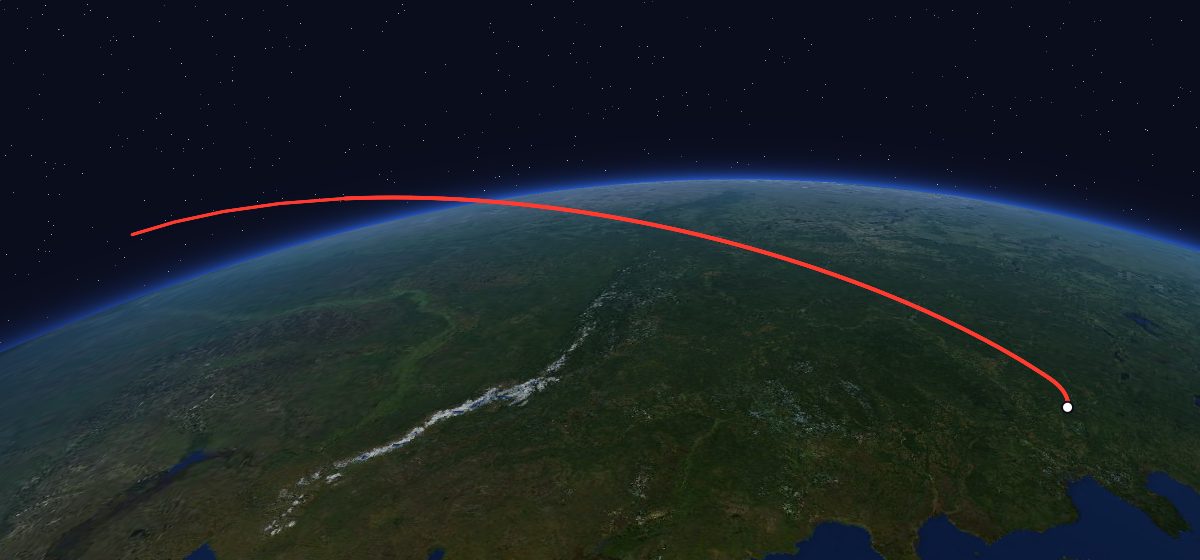 Zenit-4MT 11: the flight path in 3D, from the pad to orbit, seen from space