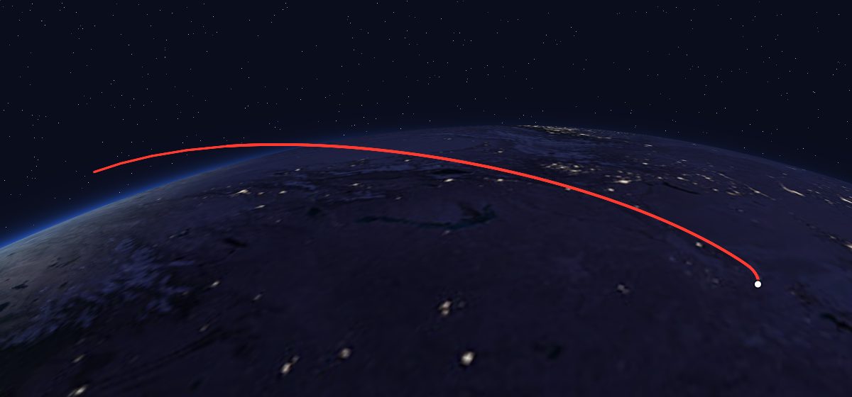 Astra 1F: the flight path in 3D, from the pad to orbit, seen from space