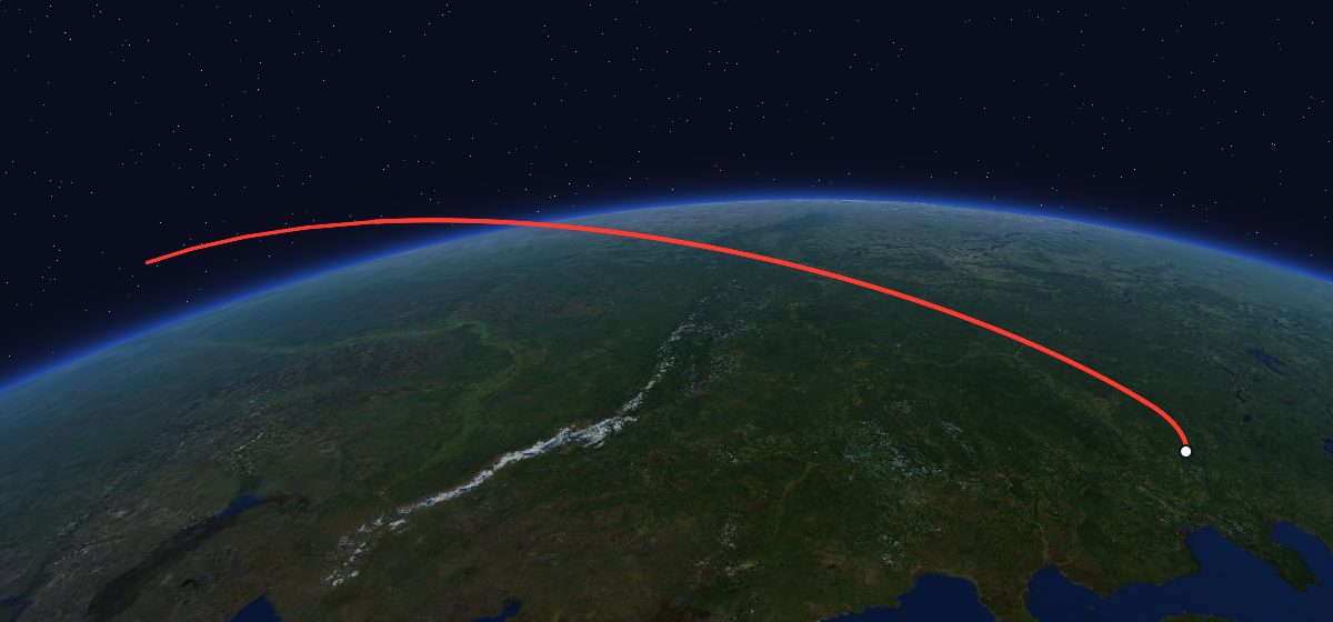 The flight path of US-K 45 drawn on a map