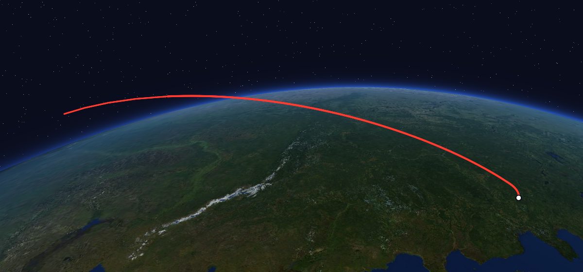 Zenit-4MK 64: the flight path in 3D, from the pad to orbit, seen from space