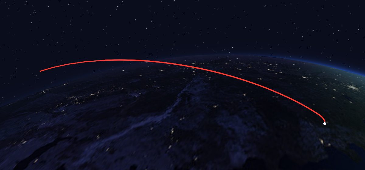 Yantar-2K 16: the flight path in 3D, from the pad to orbit, seen from space