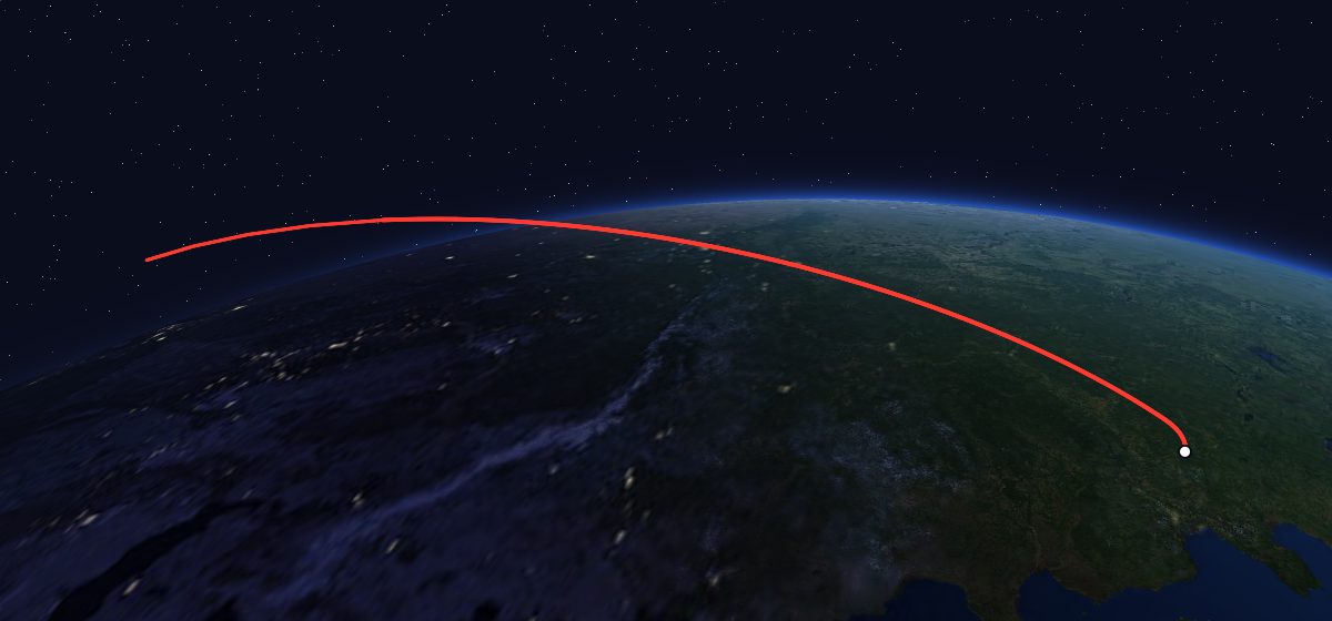 Zenit-4MT 14: the flight path in 3D, from the pad to orbit, seen from space