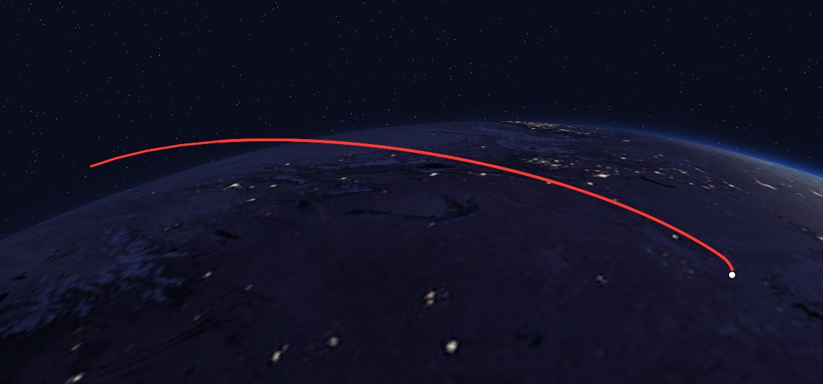 US-KMO 2: the flight path in 3D, from the pad to orbit, seen from space