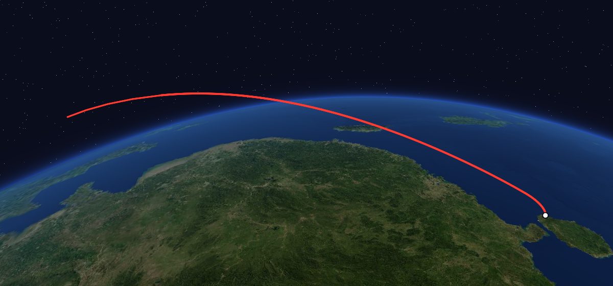 SatNet LEO Group TBD?: the flight path in 3D, from the pad to orbit, seen from space