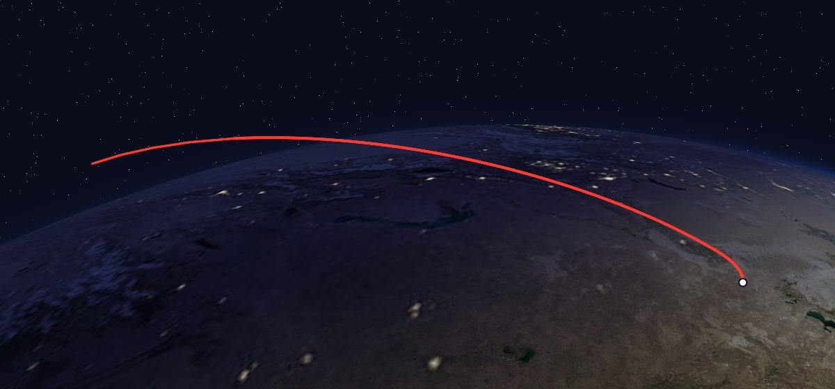 The flight path of Molniya-1K 58 drawn on a map