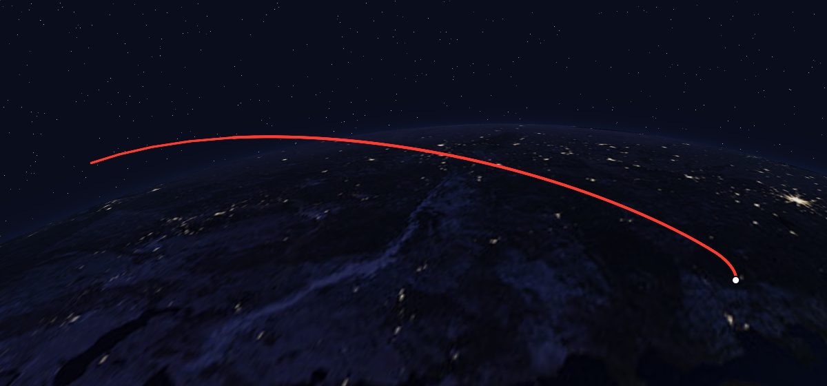 Molniya-3 26L: the flight path in 3D, from the pad to orbit, seen from space