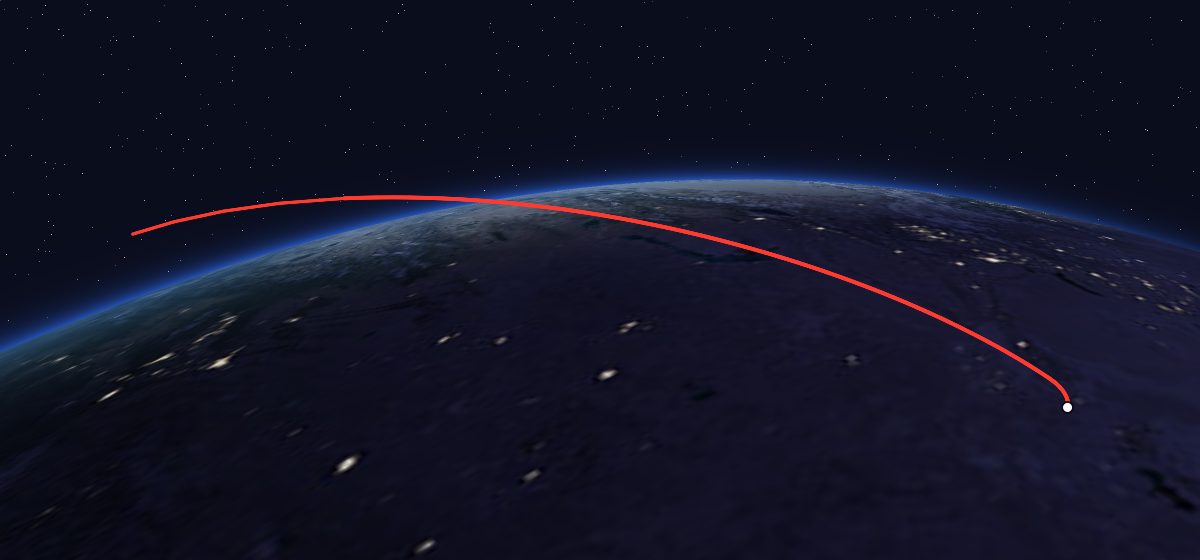 Progress M1-4: the flight path in 3D, from the pad to orbit, seen from space