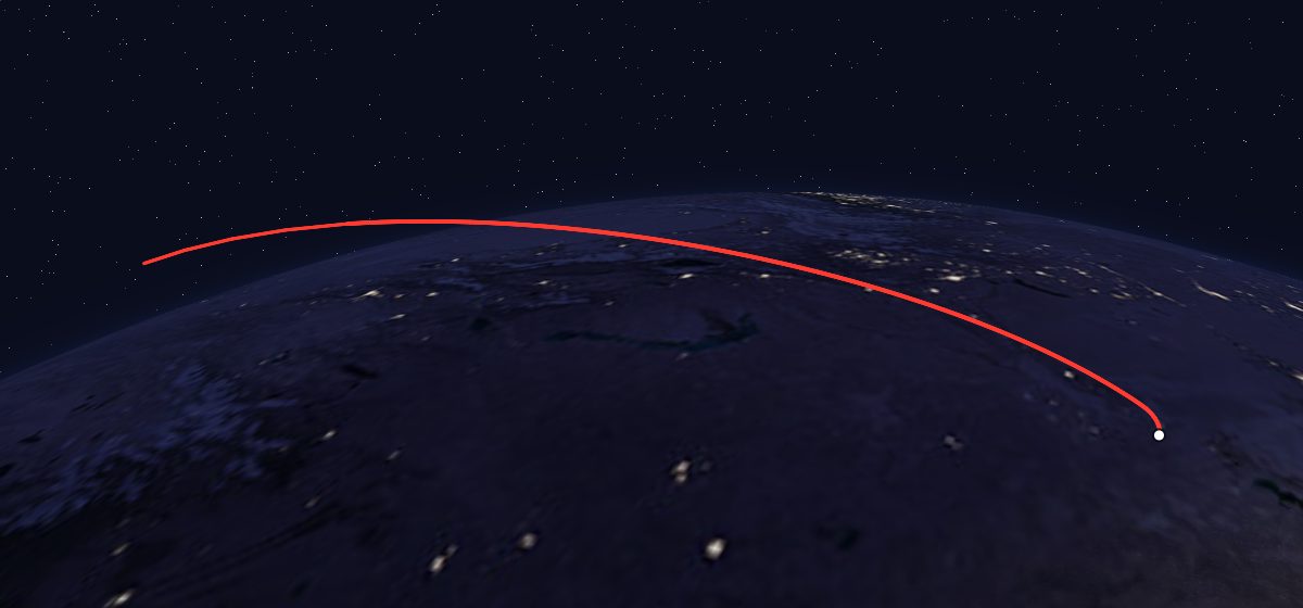 Uragan 66 to 68: the flight path in 3D, from the pad to orbit, seen from space