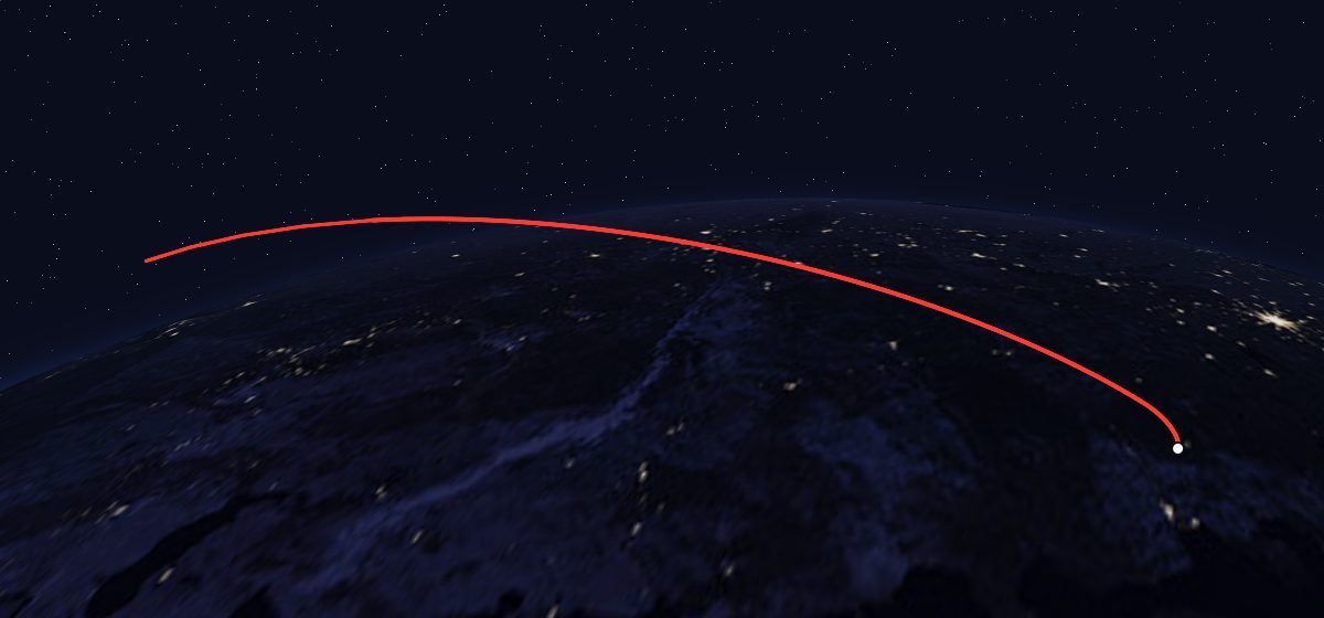 Tselina-D 30: the flight path in 3D, from the pad to orbit, seen from space