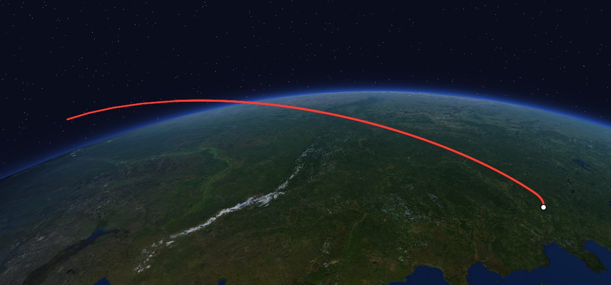 Zenit-6U 66: the flight path in 3D, from the pad to orbit, seen from space