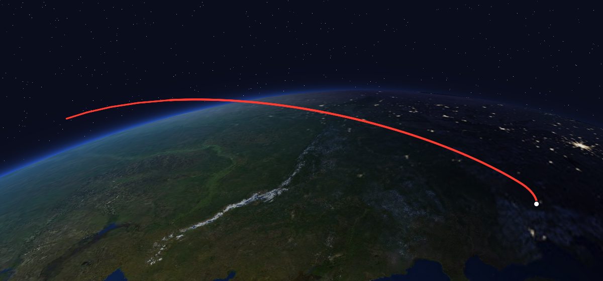 US-K 22: the flight path in 3D, from the pad to orbit, seen from space