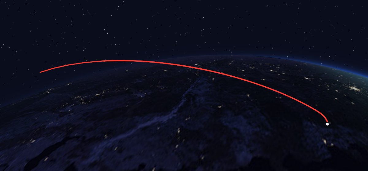 Tselina-D 5: the flight path in 3D, from the pad to orbit, seen from space