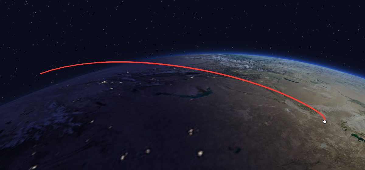 Raduga 32: the flight path in 3D, from the pad to orbit, seen from space