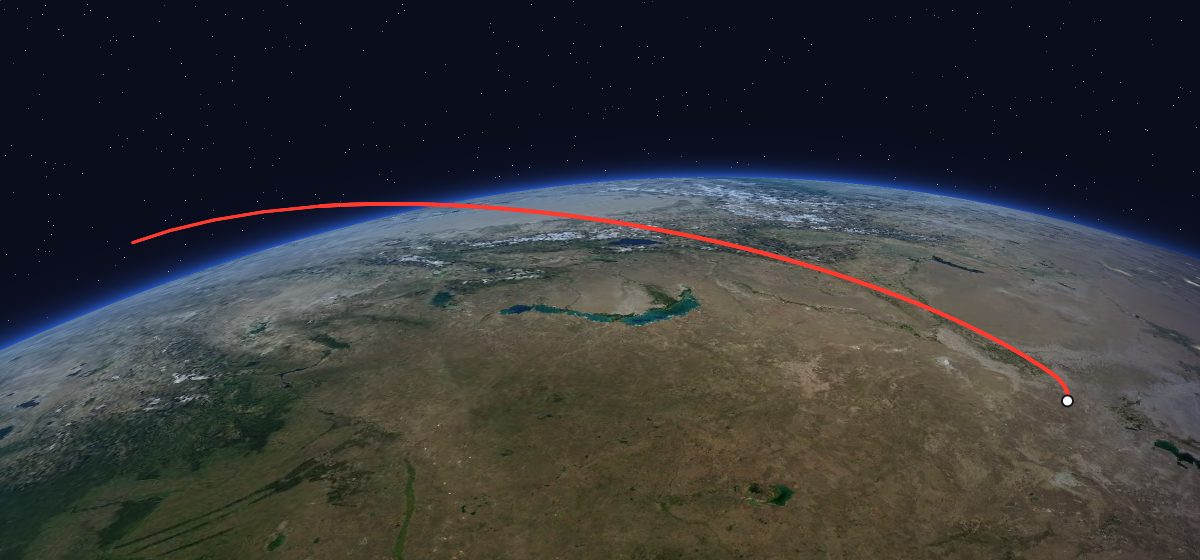 Gorizont 25: the flight path in 3D, from the pad to orbit, seen from space