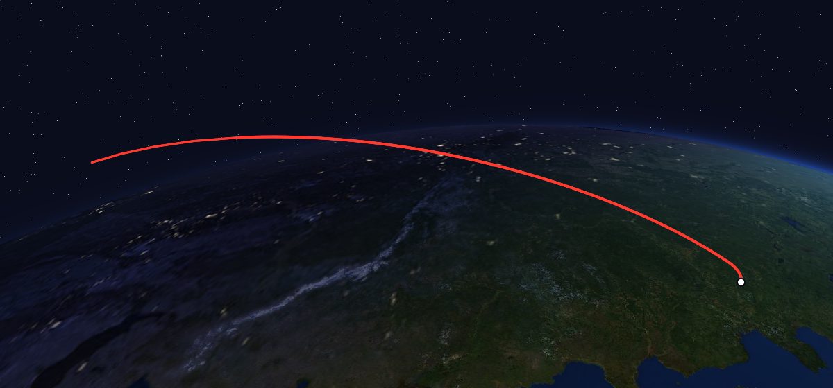 Yantar-2K 21: the flight path in 3D, from the pad to orbit, seen from space