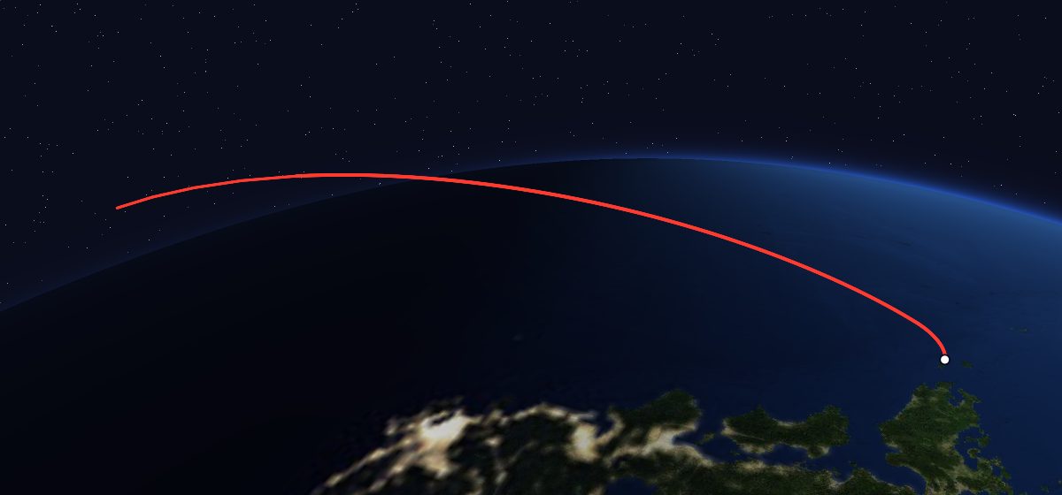 Ayame 2: the flight path in 3D, from the pad to orbit, seen from space