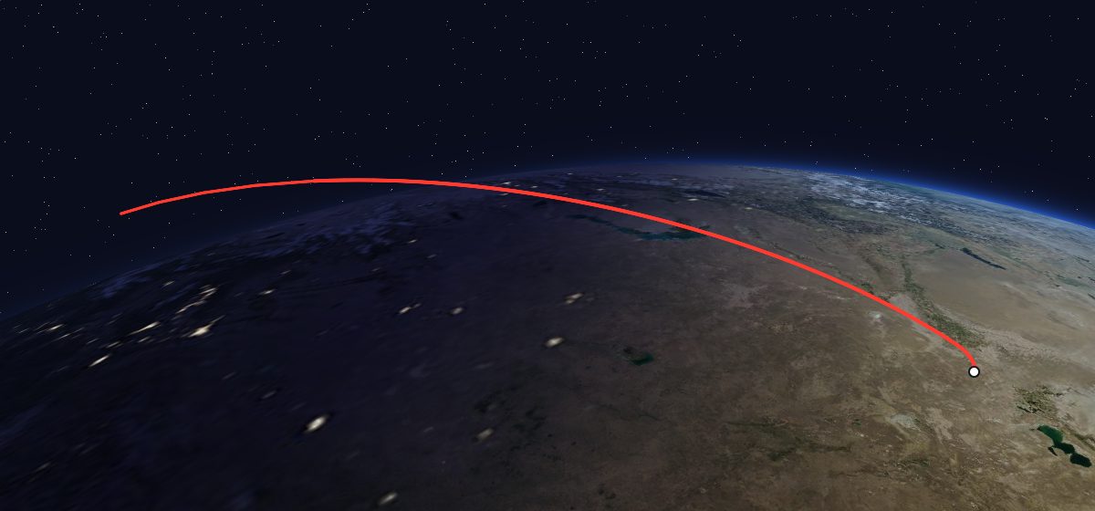 Progress M1-11: the flight path in 3D, from the pad to orbit, seen from space