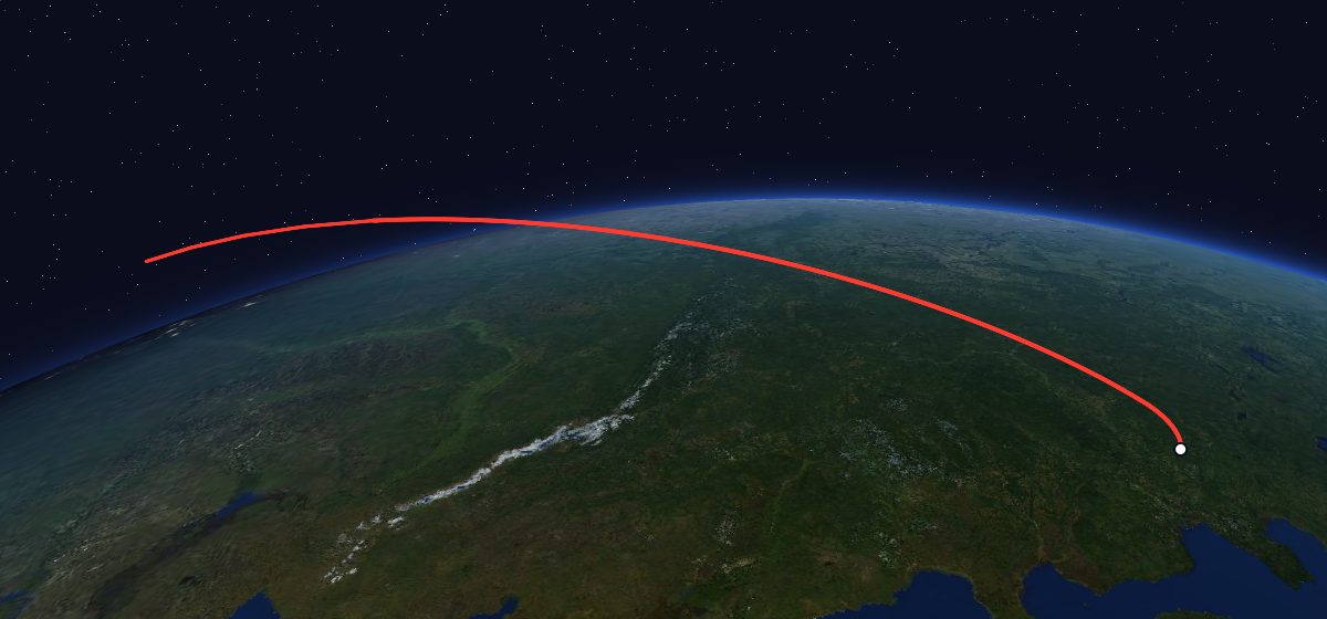 Molniya-1K 41: the flight path in 3D, from the pad to orbit, seen from space