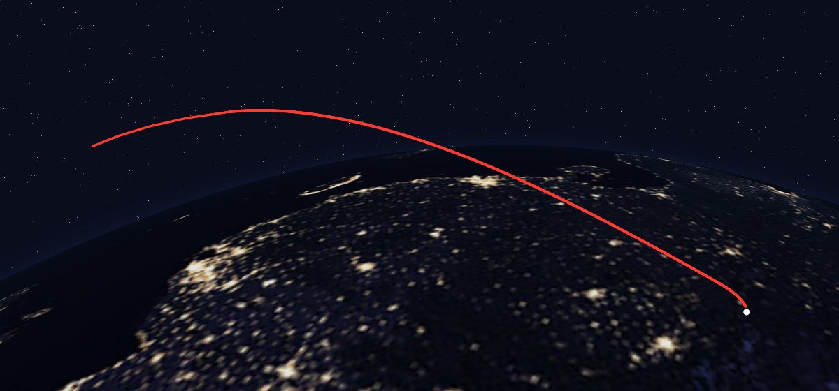Unannounced payload: the flight path in 3D, from the pad to orbit, seen from space