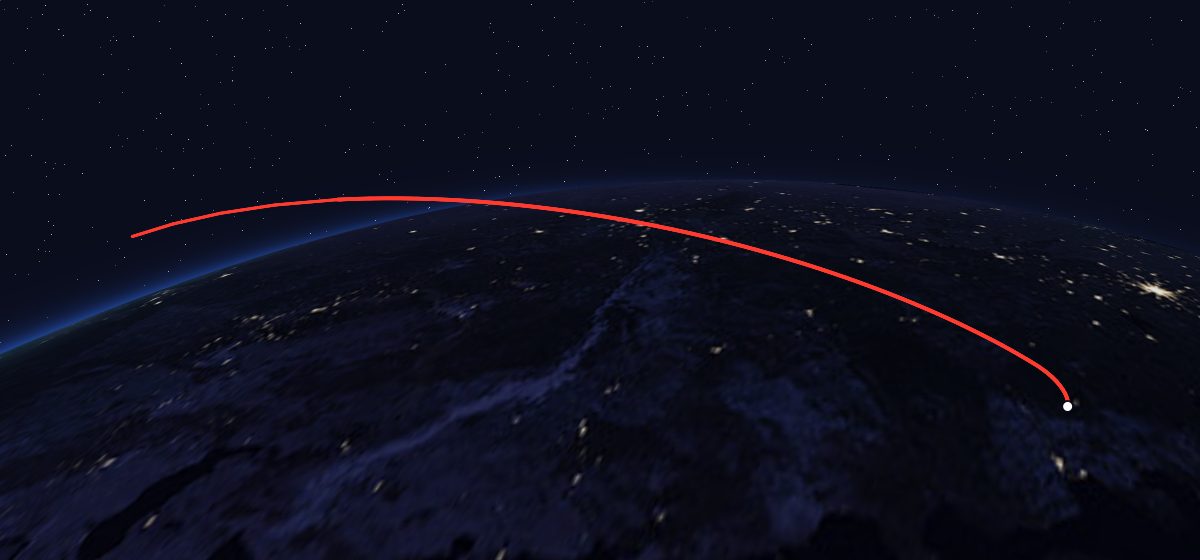 Molniya-2 11: the flight path in 3D, from the pad to orbit, seen from space