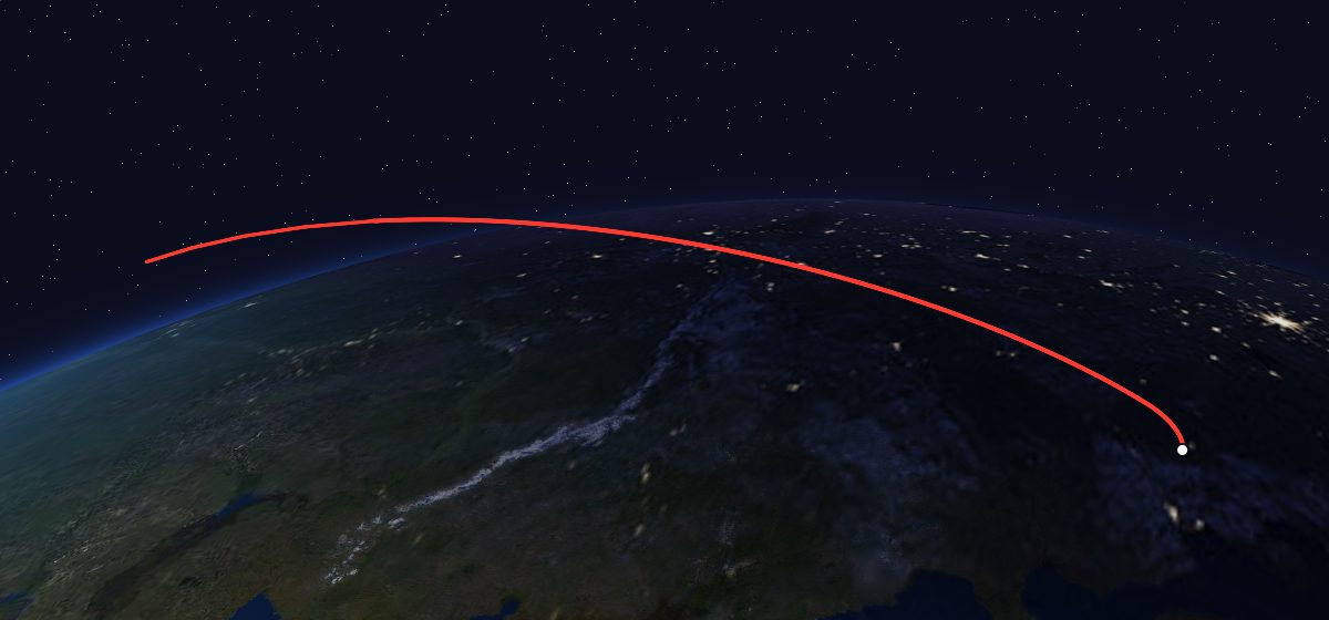 Molniya-1K 54: the flight path in 3D, from the pad to orbit, seen from space