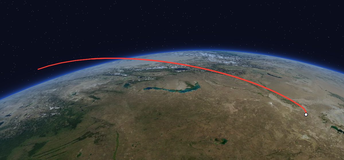 The flight path of Mars-4 drawn on a map