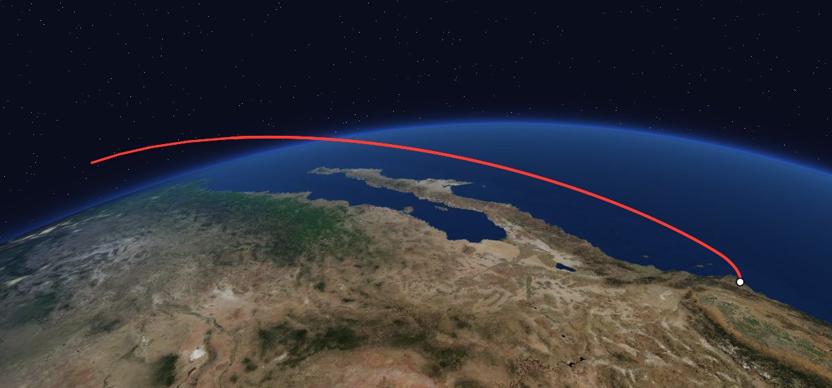 P72-2: the flight path in 3D, from the pad to orbit, seen from space