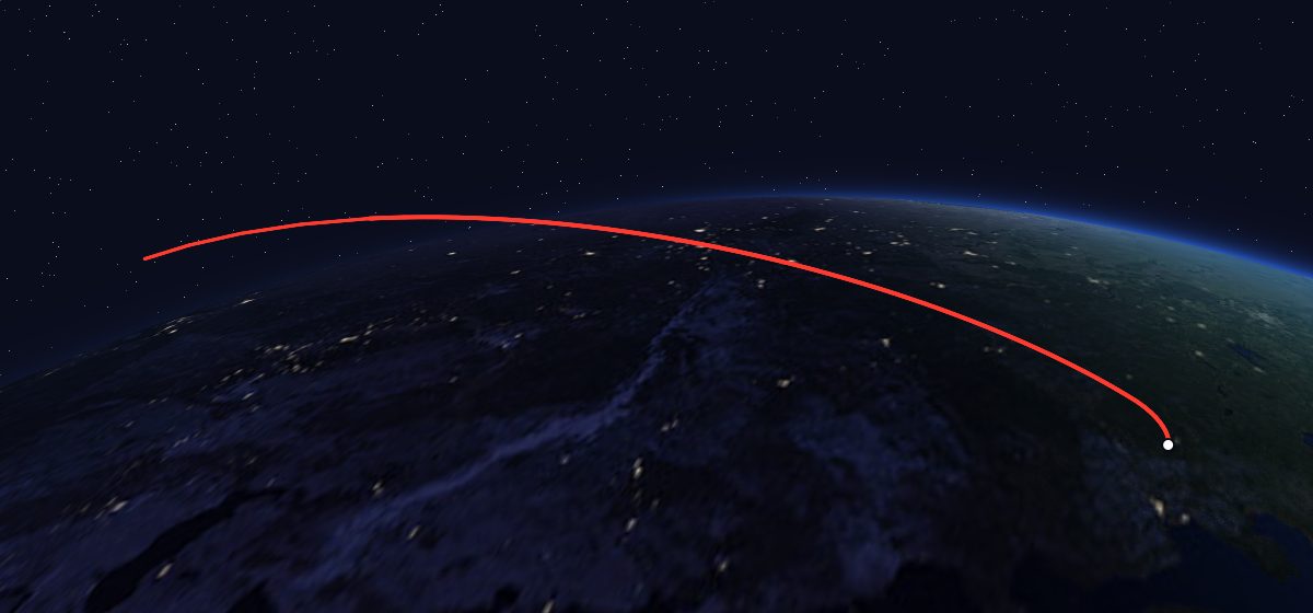 US-K 2: the flight path in 3D, from the pad to orbit, seen from space