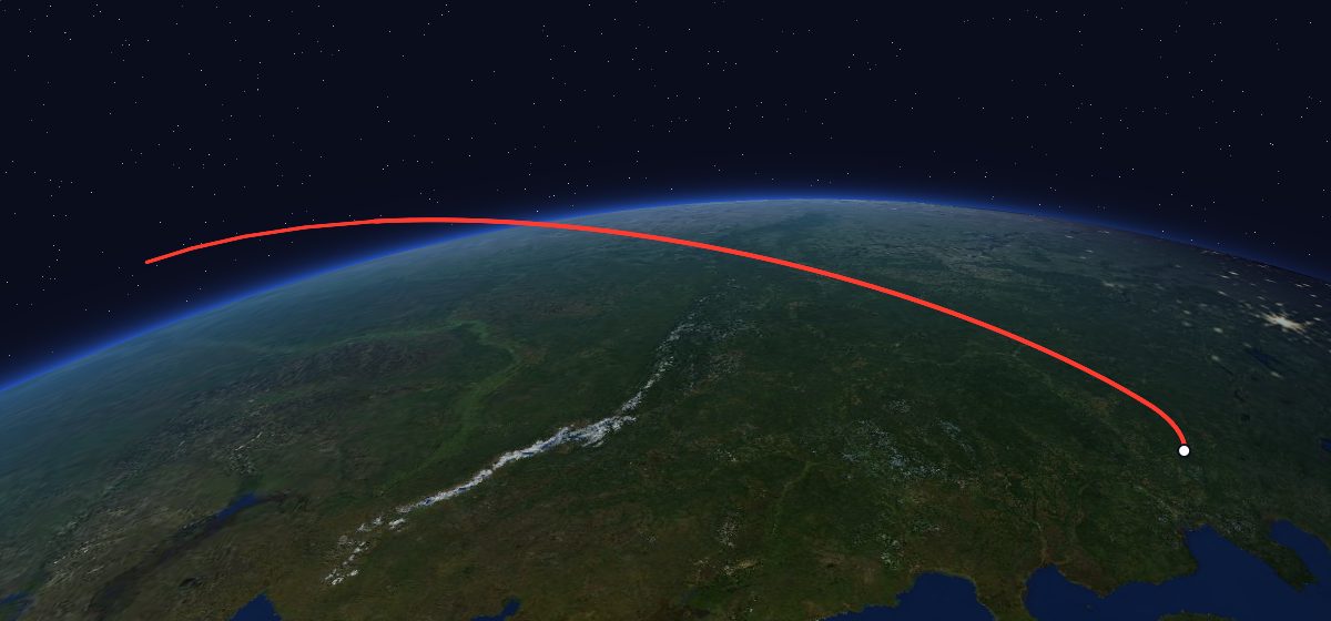 Molniya-2 10: the flight path in 3D, from the pad to orbit, seen from space