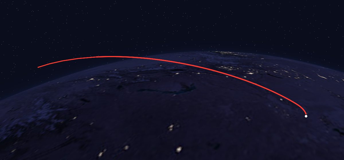 Molniya-1K 34: the flight path in 3D, from the pad to orbit, seen from space