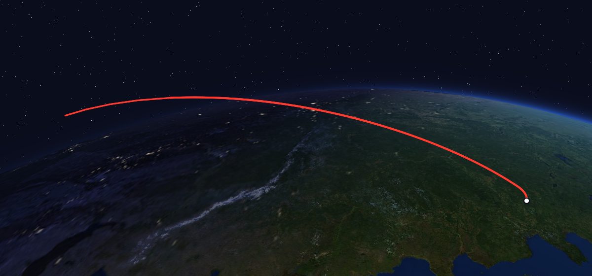 Zenit-4MKM 15: the flight path in 3D, from the pad to orbit, seen from space