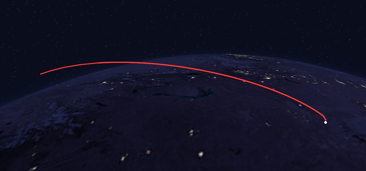 GE-1A: the flight path in 3D, from the pad to orbit, seen from space