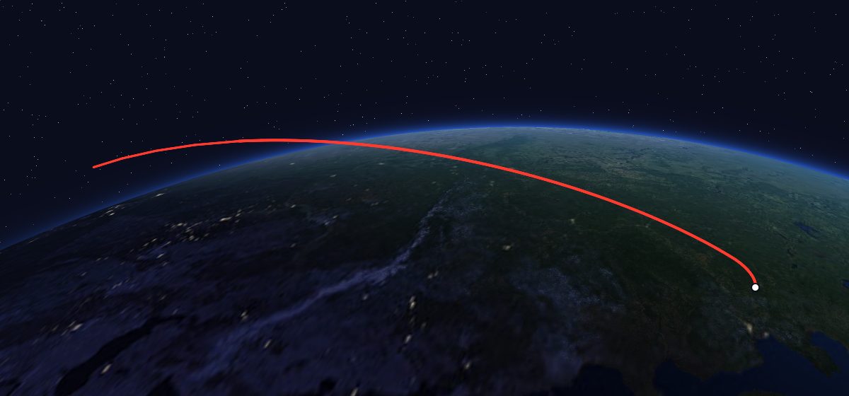 Molniya-3 15L: the flight path in 3D, from the pad to orbit, seen from space