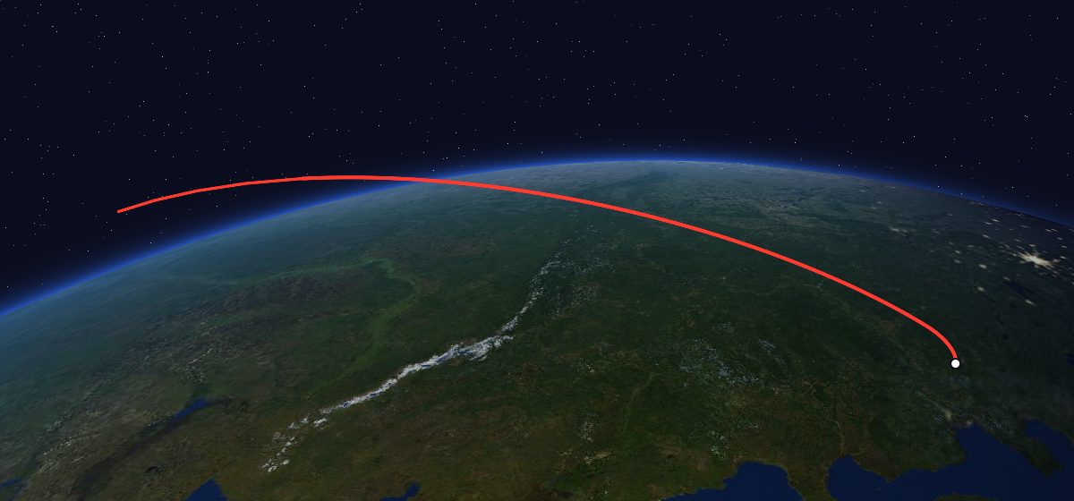 Tselina-D 8: the flight path in 3D, from the pad to orbit, seen from space