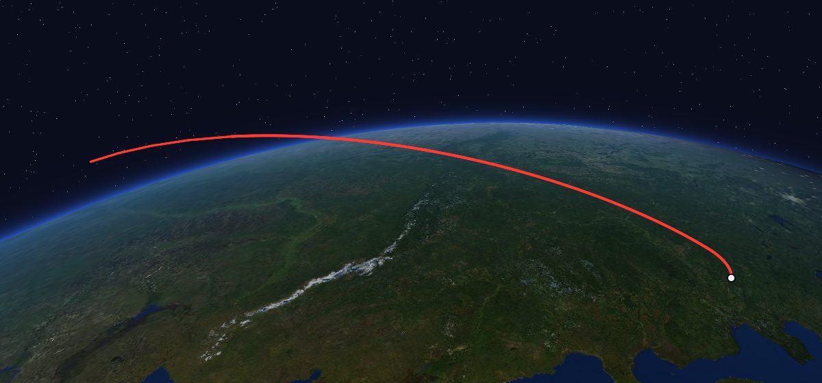 The flight path of Meteor-1 9 (20L) drawn on a map