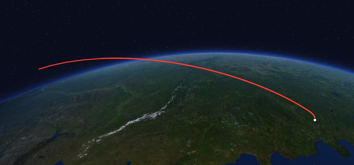 Zenit-4MT 17: the flight path in 3D, from the pad to orbit, seen from space