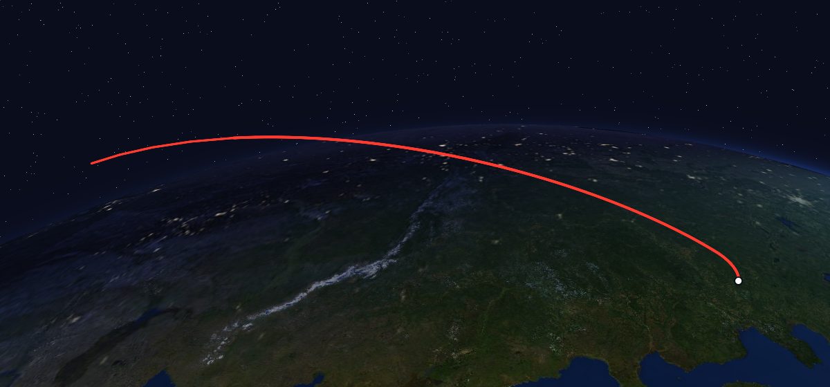 Tselina-D 36: the flight path in 3D, from the pad to orbit, seen from space