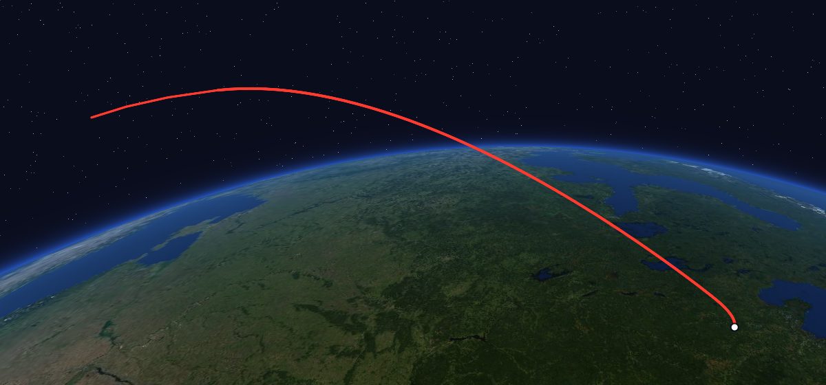 Meteor-Priroda 2-1: the flight path in 3D, from the pad to orbit, seen from space