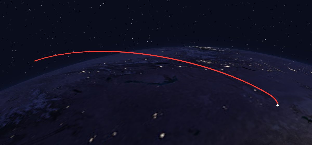 Molniya-1K 35: the flight path in 3D, from the pad to orbit, seen from space