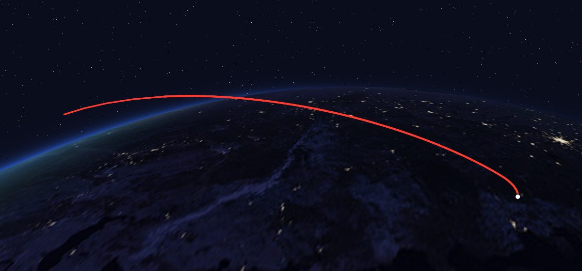 Molniya-3 18L: the flight path in 3D, from the pad to orbit, seen from space