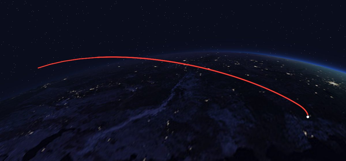 Tselina-D 14: the flight path in 3D, from the pad to orbit, seen from space