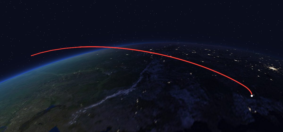 Molniya-1K 43: the flight path in 3D, from the pad to orbit, seen from space