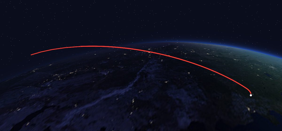 Yantar-2K 22: the flight path in 3D, from the pad to orbit, seen from space